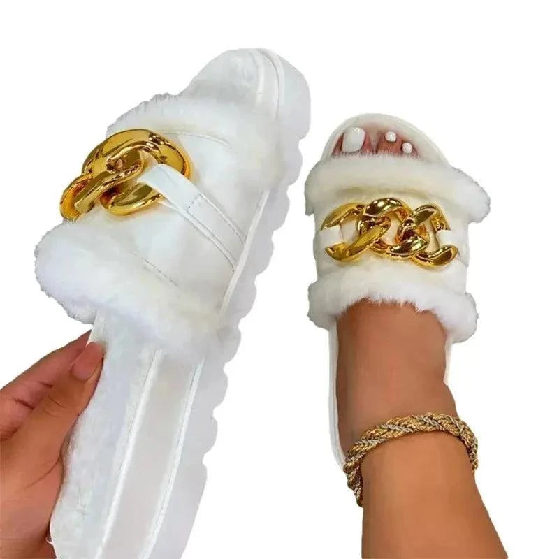 2023 Winter Plush Slippers Fashion Open Toe Solid Color Women's Sandals Metal Chain Outdoor Casual Women's Shoes  Fashion Shoes - BeautySecretPlus