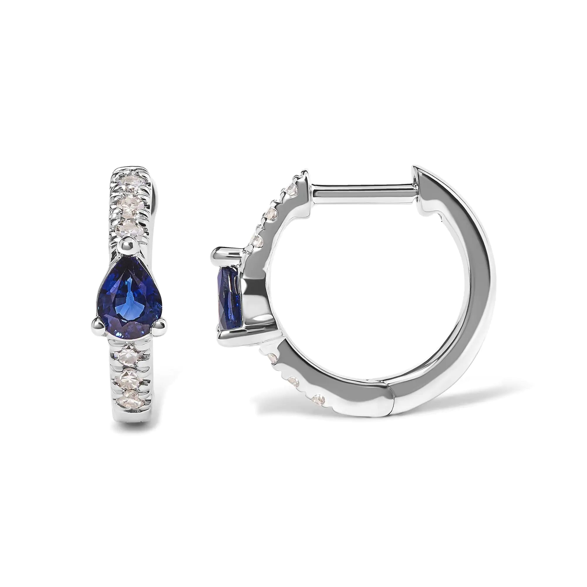 10K White Gold Pear Shaped Blue Sapphire and 1/10 Cttw Diamond Huggy Hoop Earrings (H-I Color, I1-I2 Clarity)